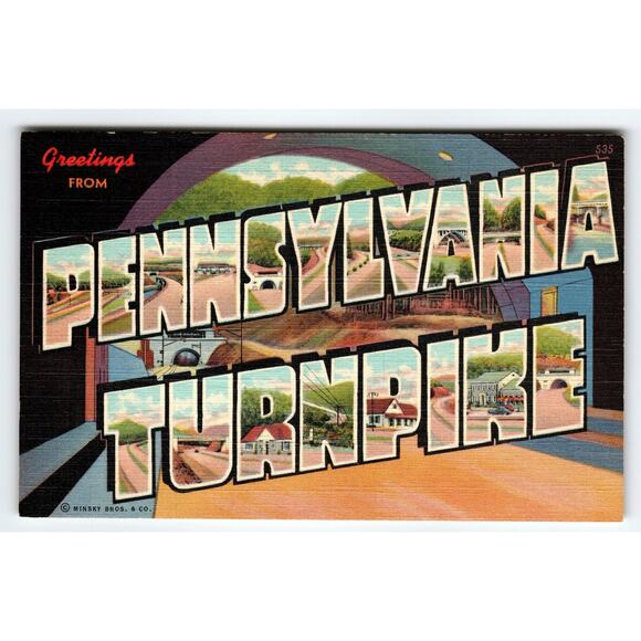 Vintage Large Letter Pennsylvania Turnpike Linen Postcard by Minsky Bros. & Co. - Picture 1 of 2